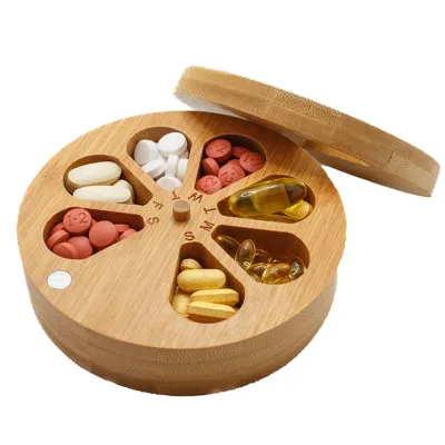 2026 Hot-Selling 100% Bamboo Medicine Box Partition Flexible Portable Enough Capacity Dispenser Pill Storage Box Seven Days