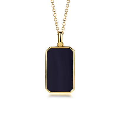 925 Silver Gold Plated Natural Black Agate Pendant Geometric Necklace Simple Clavicle Chain
