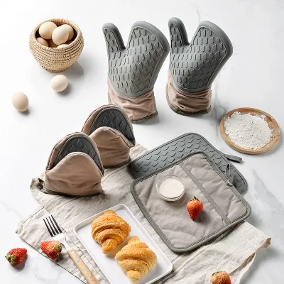 Non-Slip Silicone and Cotton Thick Heat Resistant Trivet Oven Mitt and Pot Holder Cooking Gloves for Cooking Baking