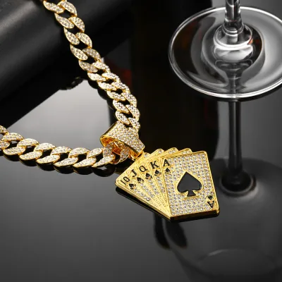 Unisex Retro Cuban Style Hip-Hop Street Rap Playing Card Crystal Heart Necklace Gold Plated Zinc Alloy Strand Anniversary