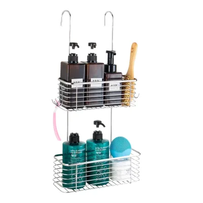 Stainless Steel 2-Tier Corner Bathroom No-Drill Storage Rack Shower Gel & Shampoo Hanging Basket Toilet Shower Organizer