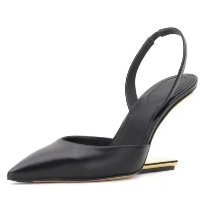 Metallic High Heeled Shoes Women Sexy V-Cut Party Slingback Fashion Genuine Leather Pointed Toe Pumps Black Sandals