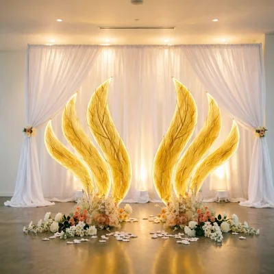 Custom Ins Large LED Curtain Leaf Warm Light Metal Arch Stand for Wedding Hotel Party Restaurant Hall Events Road Lead Backdrops