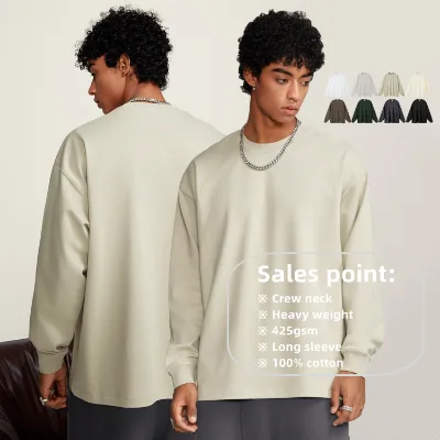 Wholesale Men's 425g Yarn Dyed 100% Cotton Long Sleeve T-Shirts Custom Logo Eco-Friendly Crew Neck Autumn Oversize