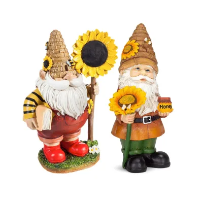 Resin Bee Gnome Figurine Holding Honey Jar and Sunflower Garden Statues Outdoor Decoration