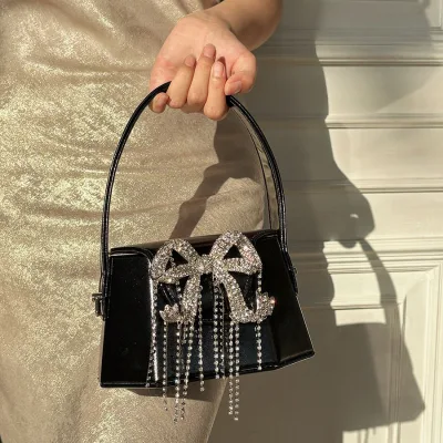 Patent Leather Crystal Bowknot Handbag Sparkly Rhinestone Bow Tassel Delicate Evening Bag Top Handle Clutch For Night Club Event