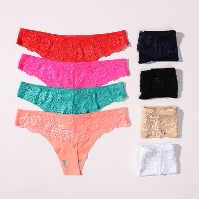 Women One Piece Ice Silk Seamless Panties Lace Sexy Hip Lift Cotton Crotch Thong