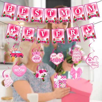 2025 Mother's Day New Pink Flag Spiral Hanging Decoration BEST MOM Banner Customizable Party Decorations Wholesale