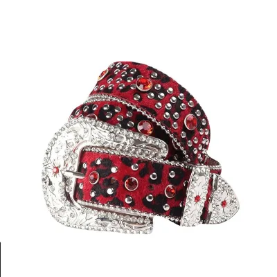 Black PU Leather Glitter Alloy Skull Metal Studs Buckle Western Rhinestone 3.8cm Width 110-130cm Length Women's Belts
