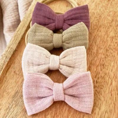 Cute Kids Solid Color Muslin Bow Tie with Elastic Bands High Quality Hair Bows for School