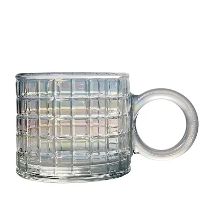 Iridescent coffee glass cups with big handle popular design glass cups for milk tea juice