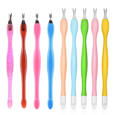 Plastic Handle Tipped Cuticle Trimmer Pusher Stainless Steel Dead Skin Fork Remover Nail Art Tools Nipper Cleaner for Salon