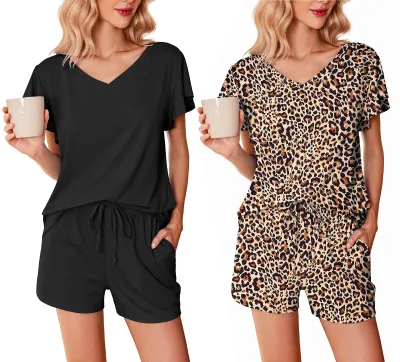 Custom Womens Shirt And Shorts Set Manufacturer V Neck Cotton Women's Short Lightweight Ruched Sleeves Pajamas