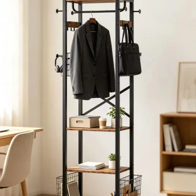 Best Seller Coat Rack with Shelves, Freestanding Hall Tree, Coat Tree with 16 Hooks and Hanging Rail, Industrial Clothes Stand