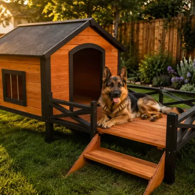Double Deck Wooden Pet House with Rooftop Balcony, Side Ladder and Railing - Outdoor Dog Bed Shelter