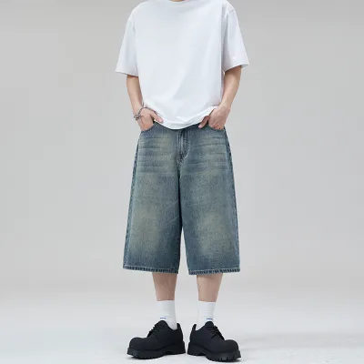 Fast Delivery Men Wide Leg Denim Trousers Korean Style Washed Shorts Straight Baggy Cropped Pants Abbigliamento Uomo Wholesale