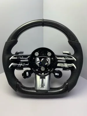 Gloss Carbon Steering Wheel Full Black Perforated Leather Black Marker Dual Knobs For Mercedes W223 W206