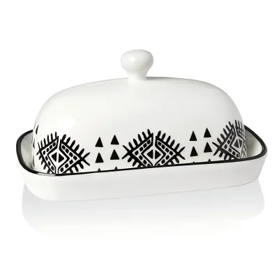 Geometric pattern Customized Logo Retro Butter dish Solid Cheese Container Ceramic Butter Dish with lid