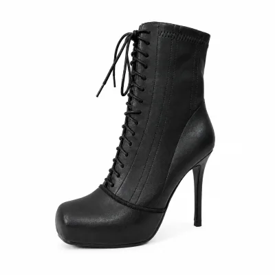 Women's Black Lace-Up Platform Stiletto Ankle Boots High Heel Fashion Boots with Side Zipper for Wholesale OEM ODM Global Buyers