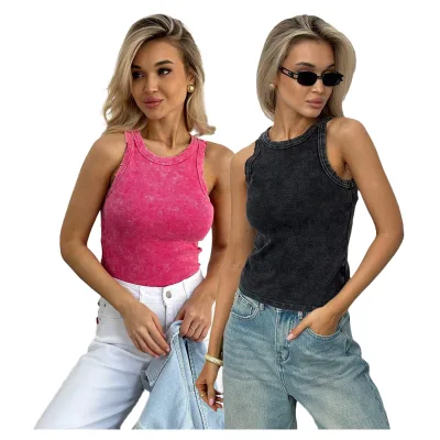 Women's Summer Vintage Retro Crop Top Ribbed Knit Vest Distressed Hole Basic Breathable Sleeveless Tank Top Y2K Casual Crop Top