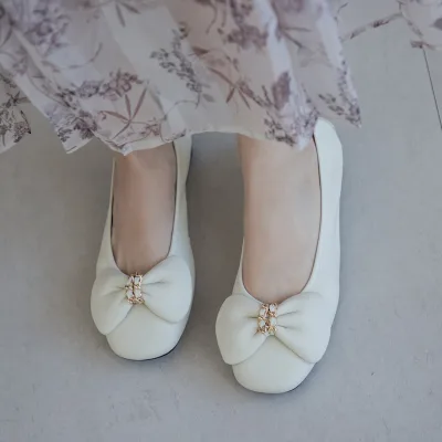 Ann'S Women Genuine Sheepskin Ballet Flats Bow Detail Padded Heel Lining Arch Support Soft Leather Comfortable Slip Beige Shoes