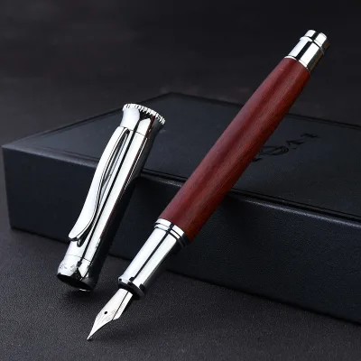 Multi Nibs Smooth Writing Calligraphy Pen Engraving Logo Original Ebony Rosewood Wooden Fountain Pen with Silver Trims