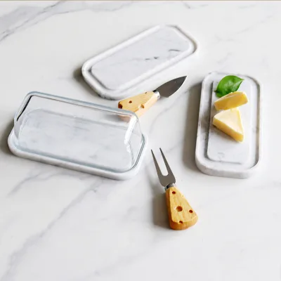 Oval Shape Natural White Marble Cheese Serving Tray Cake Plate Small Size Butter Dish with Lid