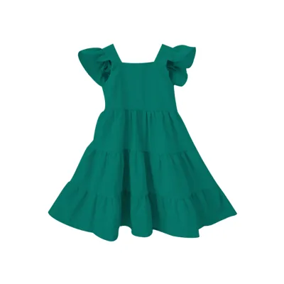 Summer Girls Solid Cotton Flutter Sleeve Tie Back Design Dress for 6-12 Years Baby Girl Breathable Eco-Friendly Custom Available