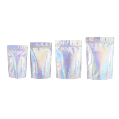 Ready to Ship Recyclable Mylar Pill Bag 3.5g 7g Stand up Holographic Rainbow Plastic Laminated Resealable Zip Laser Flower Pouch