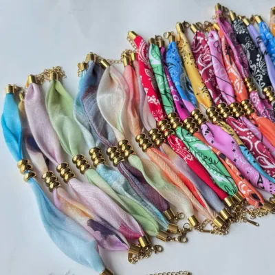 Trendy Gradient Chiffon Scarf Bracelet 18K Gold Stainless Steel Spacers Colorful French-style Elegant Scarf Bracelet