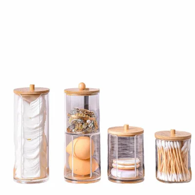 Plastic Container Organizer Qtips Holder Dispenser Cotton Swab Storge for Cotton Ball Pad and Bud With Bamboo Lid