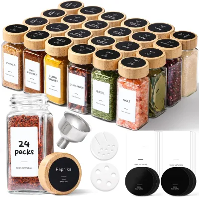 4 Oz 120Ml Clear Glass Empty Square Spice Jars Herb Containers Seasoning Bottles With Bamboo Wooden Lids and Top Label