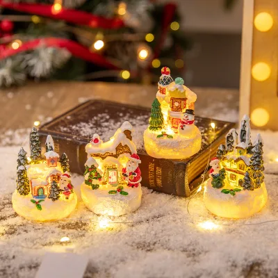 Small Christmas Resin Gingerbread House with Santa Claus and Snowman Micro Landscape Ornaments for Home Decor Figurine & Toy