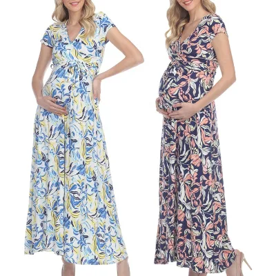 Maternity Pregnancy Dress 3 in 1 Floral Casual Office Home Custom Nursing Maxi Wrap Dress for Breastfeeding