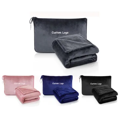 Customized Logo Premium 2 in 1 Soft Airplane Blanket Ttavel Pillow Blanket Compact with Bag
