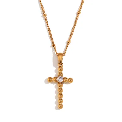 Vintage Custom Stainless Steel Necklace for Women Trendy Cross Pendant with Zircon Diamond Bead Christian Religious Jewelry Gift