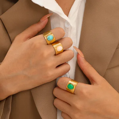 Fashion Natural Stone Stainless Steel Turquoise Ring Green Jade Signet Gemstone Ring