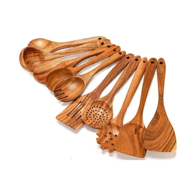Hot Sale 9-Piece Non-Stick Acacia Wood Kitchen Cooking Teak Wooden Spoon Spatula Utensils High Quality Stock Available