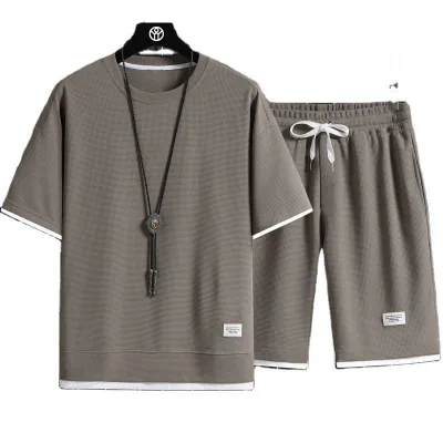 Comfortable Men's Waffle Sports and Leisure Combo Hong Kong Style Loose Vacation Shorts Set