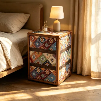Vintage Fabric Storage Trunk Nightstand Decorative Storage Box Retro Tribal Style Chest for Living Room Bed Side Table Furniture