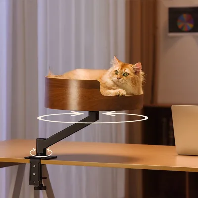 Custom Adjustable Cat Desk Bed with Wooden Basin & Cushion Elevated Desk Nest for Table Rotating Wooden Cat Bed for Indoor Cats