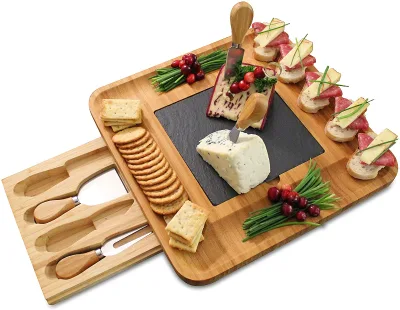 2024 Premium Bamboo Wood Cheese Board and Knife Set Charcuterie Board Platter Slate Cheese Plate Slide-Out Drawer