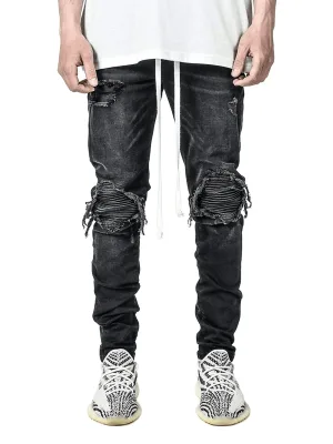 Slim Fit Stretch Denim Pants Washed Ripped Detail Motorcycle Style Daily Wear Men's Jeans