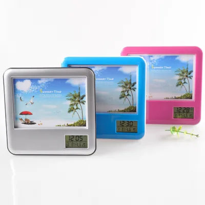 Desktop Pen Container with Photo Frame Clock Functional Desk & Table Clock Holder