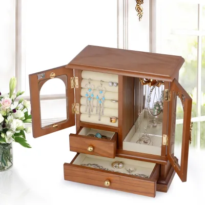 Wholesale Walnut Pine Jewelry Ring Box Wooden Jewelry Box with 2 Layer Cover Mirror