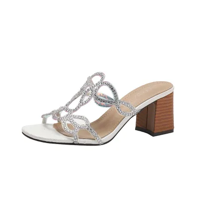 Size 6 Leather Women Sandals Fashion Summer New Pattern Rhinestone Shiny Square Heel Plus Size Closed Toe Wedges Shoes for Women