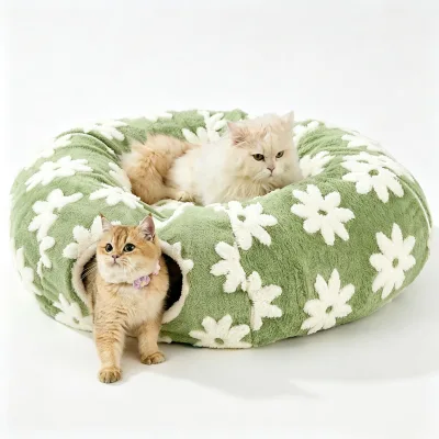 Luxury Modern Cat Tunnel Bed Plush Foldable Collapsible Green Floral Design Pet Nest Soft Cloth Drill Hole Donut Roll Cage