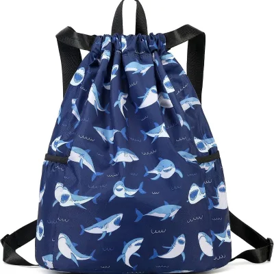 Custom Kids Shark Print Zipper Closure Waterproof Nylon Backpack-Portable Outdoor Swim & Gym Sack Bag for Boys & Girls