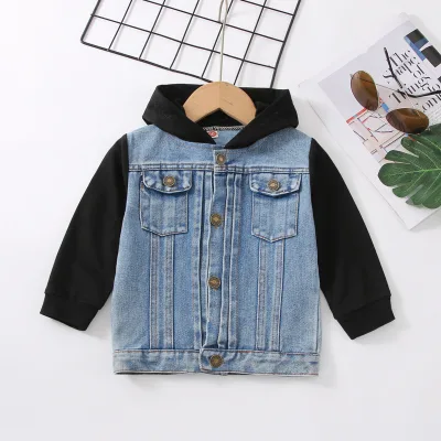 Fall Winter New Boys' Hooded Denim Fashion Handsome Children Patchwork Outwear Coat