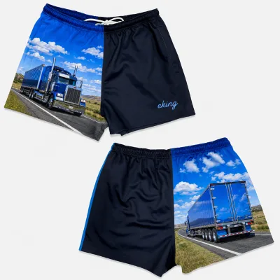 Custom Australian Truck Sublimated Print Footy Shorts High Quality Spliced Fabric Built-in Drawstring 5 Inch Inseam Rugby Shorts